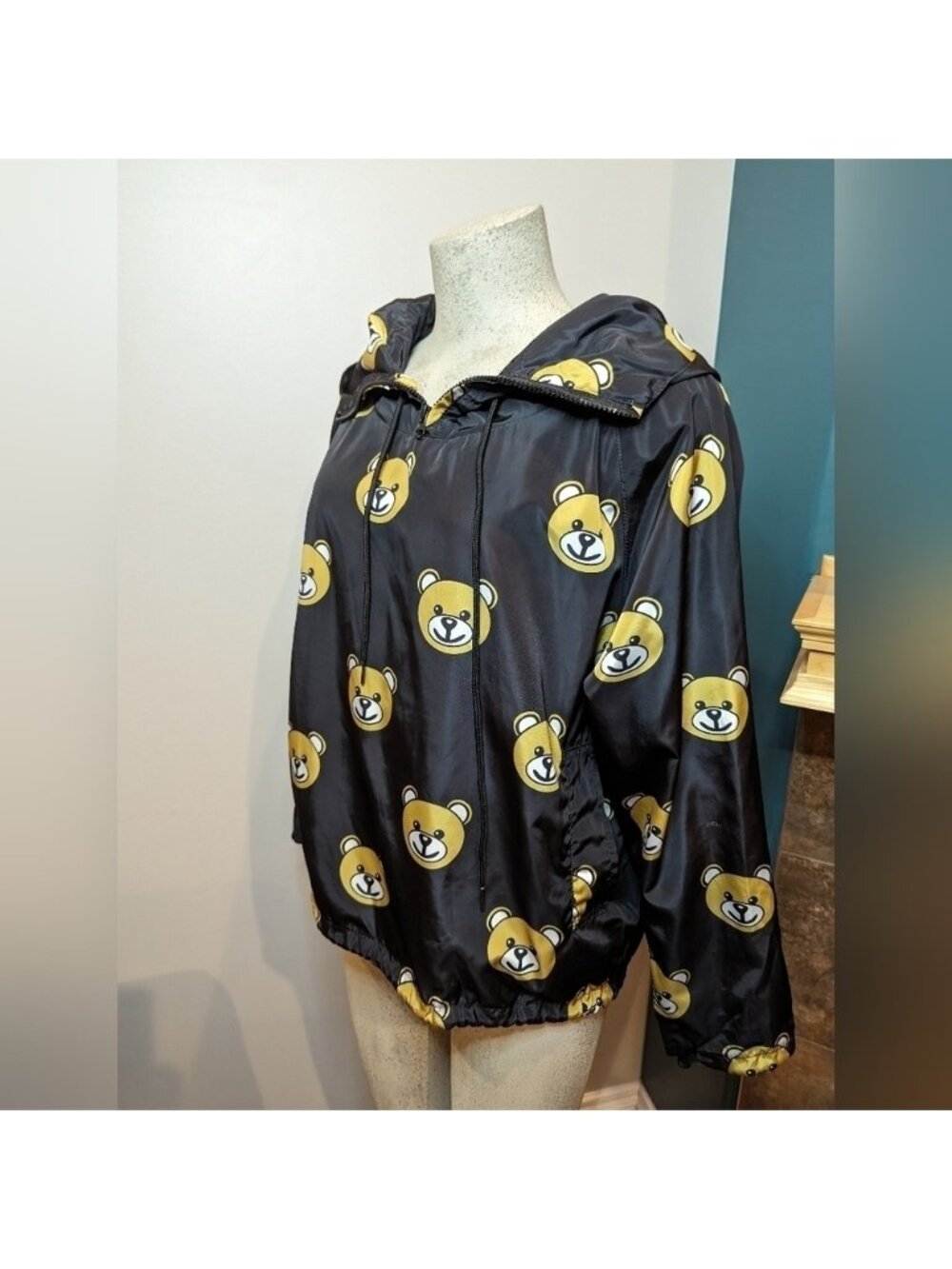Teddy Bear Jacket Black With Bear Print And Hood OS- large Raincoat